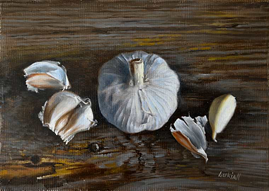 Garlic Still Life Painting on Wood