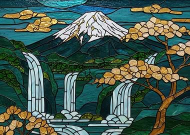 Stained Glass Landscape with Mountain and Waterfalls