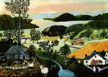 Rural Landscape Painting with Houses and Figures, grandma moses art