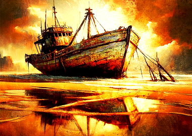 Old Shipwreck on Beach Painting