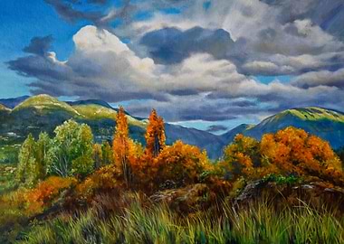 Autumn Landscape Painting with Mountains