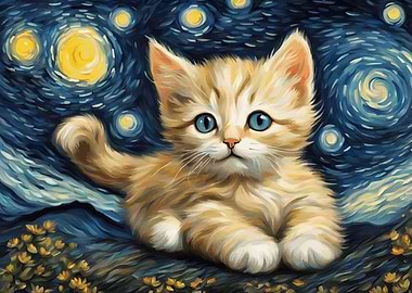 Kitten in Starry Night Style
