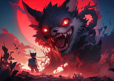 Boy facing giant wolf monster