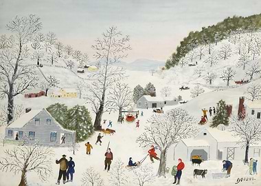 Winter Village Scene Painting, grandma moses artwork