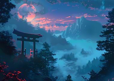 Japanese Torii Gate at Night