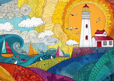 Colorful Lighthouse Sailboats