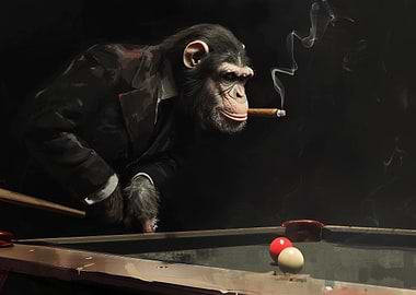 Chimpanzee in Suit Playing Pool