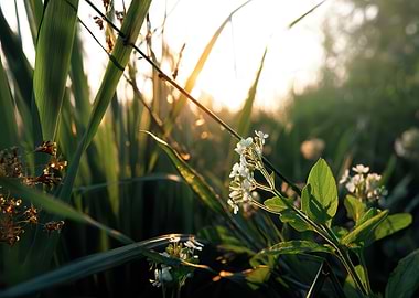 Sunlit Meadow with White Flowers