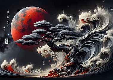 Bonsai Tree, Moon, and Waves