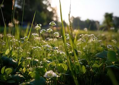 Field of White Flowers and Grass