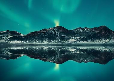 Aurora Borealis over Mountains Reflection