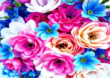 Floral Bouquet with Pink, Blue, White Flowers
