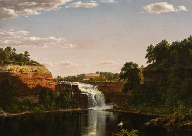 Waterfall Landscape Painting with Fisherman