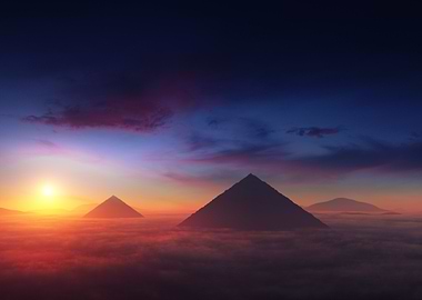 Pyramids in the clouds at sunset