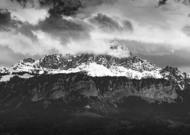 Monochrome Alps Mountain Landscape with Clouds