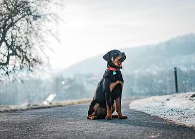 Rottweiler puppy sitting on a road