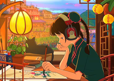 Girl Painting with Cat and Headphones