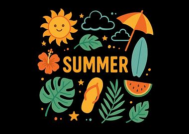 Summer themed illustration on black background