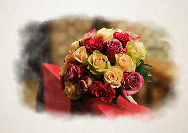 Elegant Bouquet of Mixed Roses on a Decorated pew in watercolor