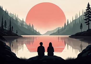 Couple watching sunset over lake Nature