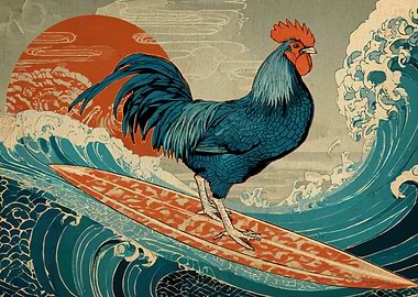 Surfing Rooster Ukiyo-e Style