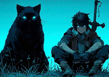 Anime Boy with Giant Cat