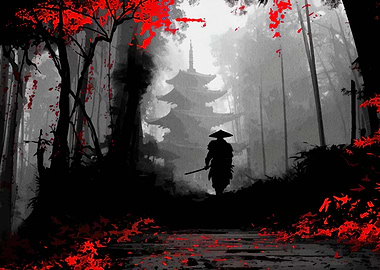 Samurai in Forest with Pagoda