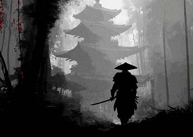 Samurai in Forest with Temple