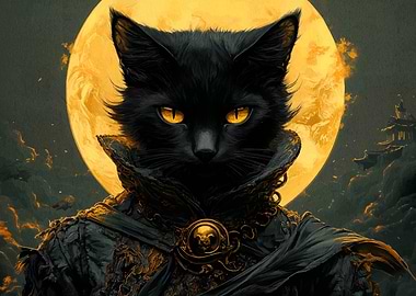 Black Cat Samurai with Moon