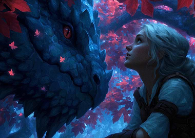 Girl and Dragon in Enchanted Forest