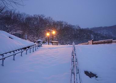 Snowy Winter Landscape with Streetlights