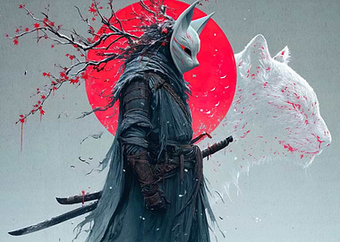 Fox Mask Warrior with Red Sun