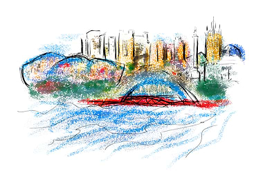 Cityscape Sketch with Bridge and Water