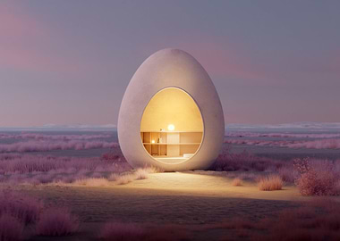 Egg-shaped house in a field