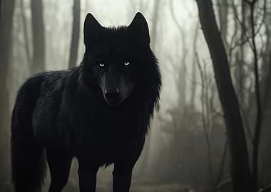 Black Wolf in Misty Forest