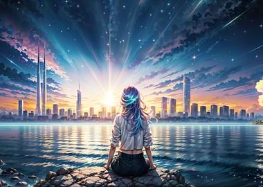 Girl Gazing at Futuristic Cityscape