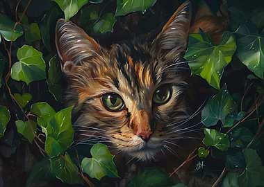 Cat portrait in ivy leaves