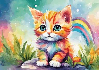 Watercolor Kitten with Rainbow