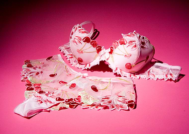 Cherry Lingerie Set on Pink Background