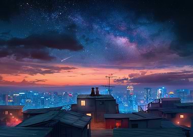 Dogs on Rooftop Under Starry Sky