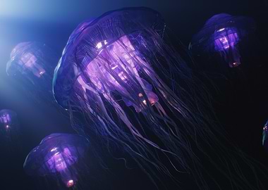 Glowing Jellyfish in Deep Blue Sea