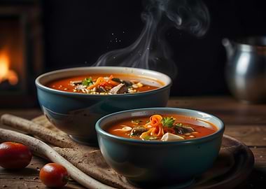 Two Bowls of Steaming Tomato Soup