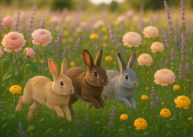 Three Rabbits in a Flower Field
