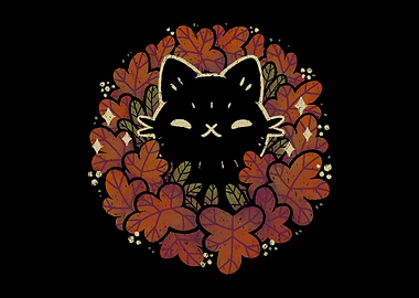 Black Cat in Autumn Leaves Wreath