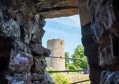 Castle Tower of Blankenberg Through Stone Window
