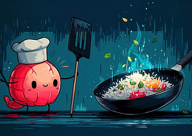 Cartoon Shrimp Chef Cooking Rice