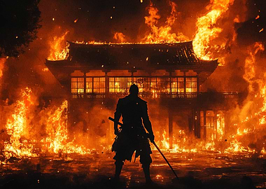 Burning Temple with Samurai Silhouette
