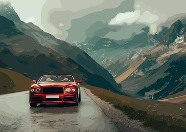 Red Convertible in Mountain Landscape