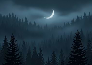 Misty Forest Under Crescent Moon