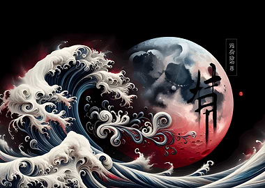 Great Wave and Moon Digital Art